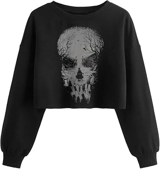 Women Fall Halloween Ghost Crop Sweatshirt Lantern Sleeve Pullover - sugar skull boots