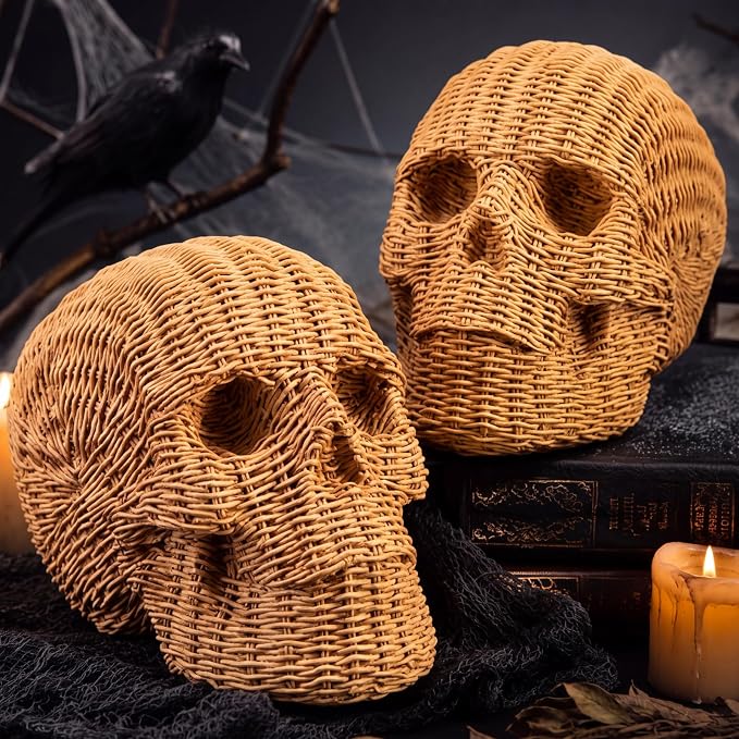 2 Pack 5.5”Halloween Resin Faux Rattan Skull Tabletop Decoration