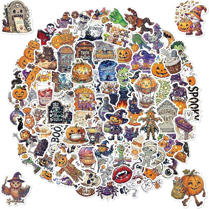 100Pcs Holographic Halloween Stickers, Waterproof Vinyl Laptop Decals - skull sticker