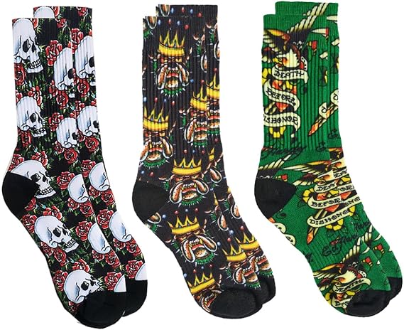 ED HARDY 3-Pairs Men's Tattoo Print Fashion Cushioned Crew Socks - sugar skull costume