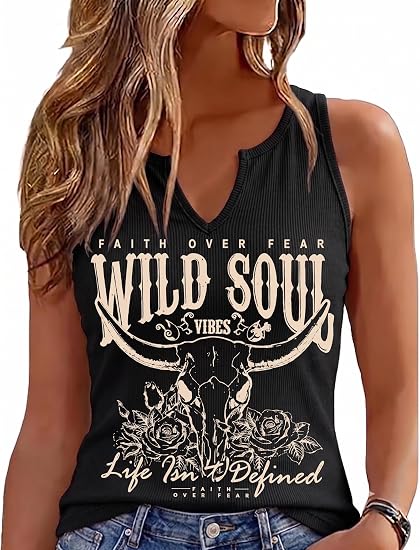 Women Wild Soul Western Cowgirl Tank Top - Skull Graphic Shirts Country Concert Outfits Rodeo Nashville Festival Top - skull tank tops