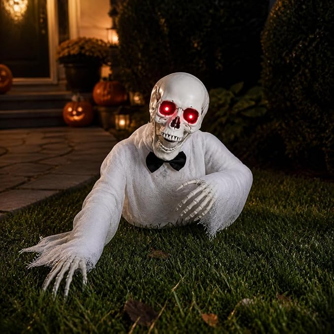 VZQI Halloween Skeleton Decorations, Sound Activated Yard Prop (White) - skeleton