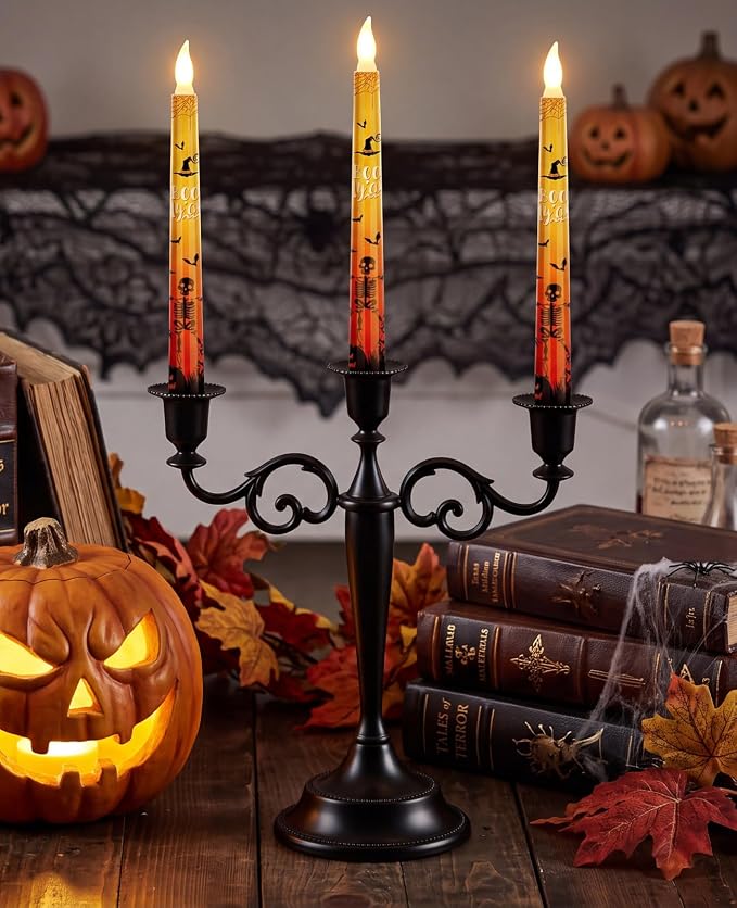 Black Candelabra Halloween 3 Arm Matte Gothic Taper Candle Holder - skull candle