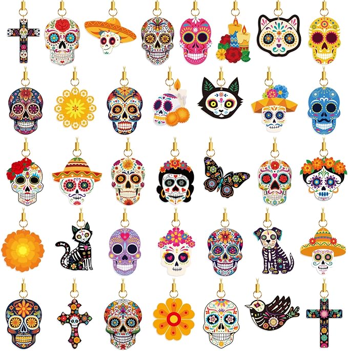 36Pcs Dia de Los Muertos Ornaments Double Side Skull Hanging Decor - sugar skull ornament