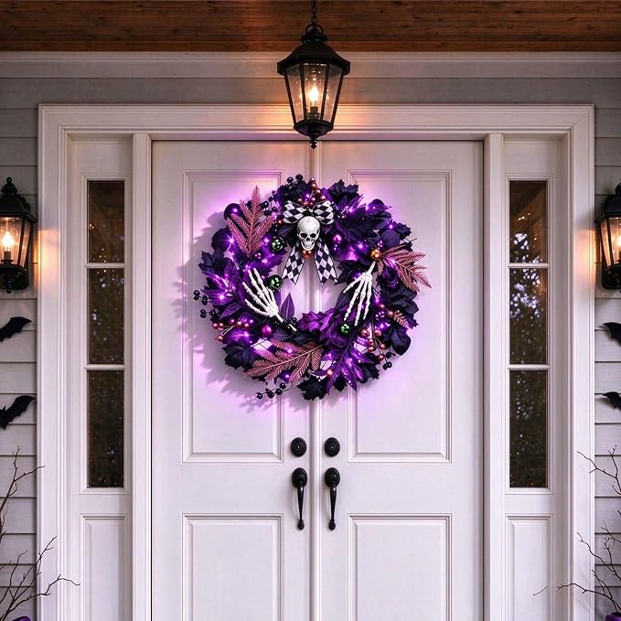 20 Inch Halloween Skull Wreath, Gothic Wreath with String Lights & Hook - string light