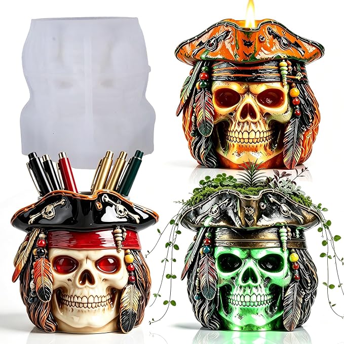 Pirate Skull Resin Molds, Halloween Skull Silicone Container Molds - skull candle