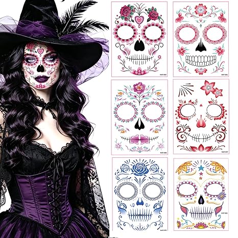 6 Sheets Halloween Face Tattoos Day of the Dead Face Tattoos Matte Skull Floral Temporary Face Stickers Waterproof for Halloween Muertos Party Makeup - skull sticker