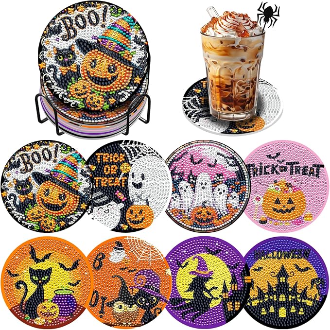 Halloween Diamond Art Coaster Kit with Holder, 8PCS Spooky Diamond Painting - skull coaster