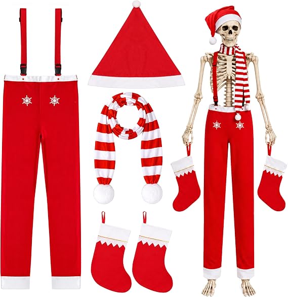 4Pcs 12ft Skeleton Christmas Costume Set, Red Skeleton Christmas Outfits - skeleton