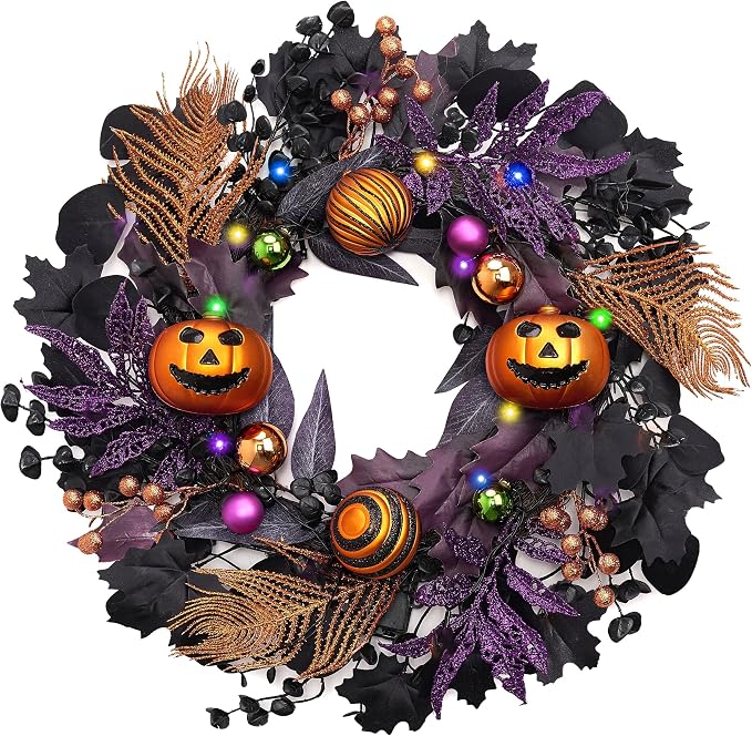 Halloween Wreath for Front Door with Lights, 18 Inch Pre-Lit Jack-o’-Lantern Pumpkin Wreath Halloween Decorations for Home Porch Table Centerpiece Window Indoor Party Holiday Wall Decor