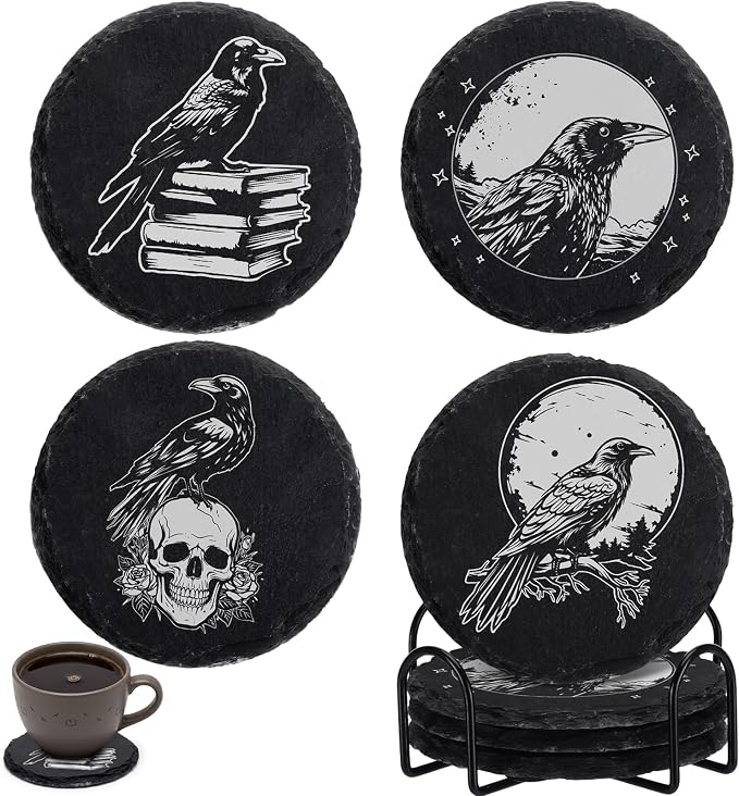 Hushee 4 Pcs Gothic Crow Slate Coasters Set, 4″ Stone Round Black Coaster