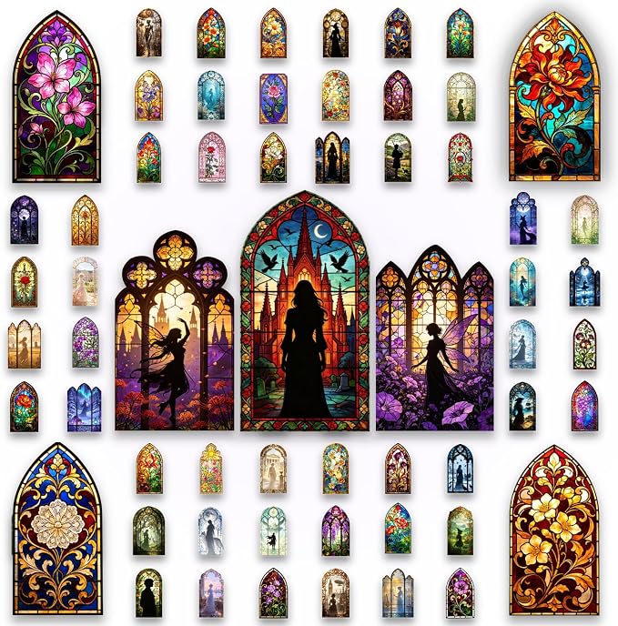 100pcs Gothic Stained Glass Window Stickers, Vintage Cathedral Art Stickers - skull sticker