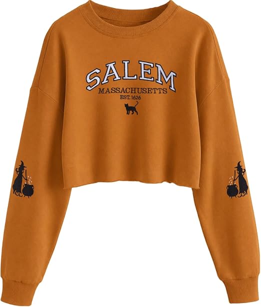 KIDDAD Halloween Sweatshirts for Women Embroidered Halloween Ghost Crop Top - skull sweatshirts