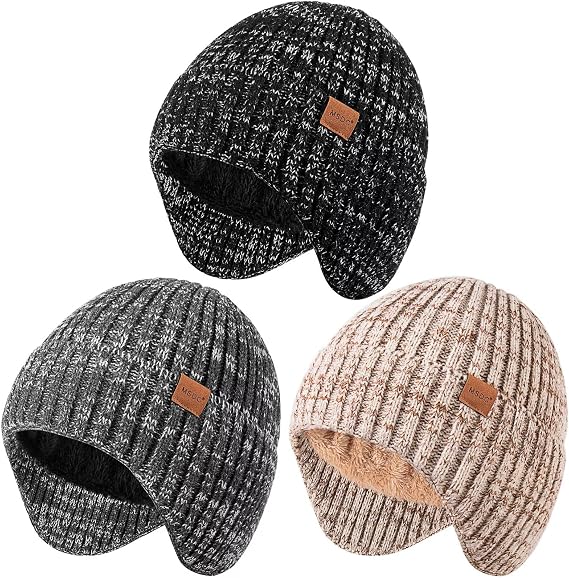 MSDC 3 Pack Winter Hats for Men Women, Fleece Lined Beanie with Ear Flaps - skull hat