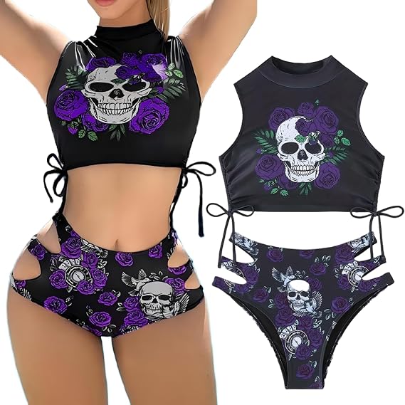 Women Gothic Skull Rose Print Bikini Set High Waist - skull swimsuit