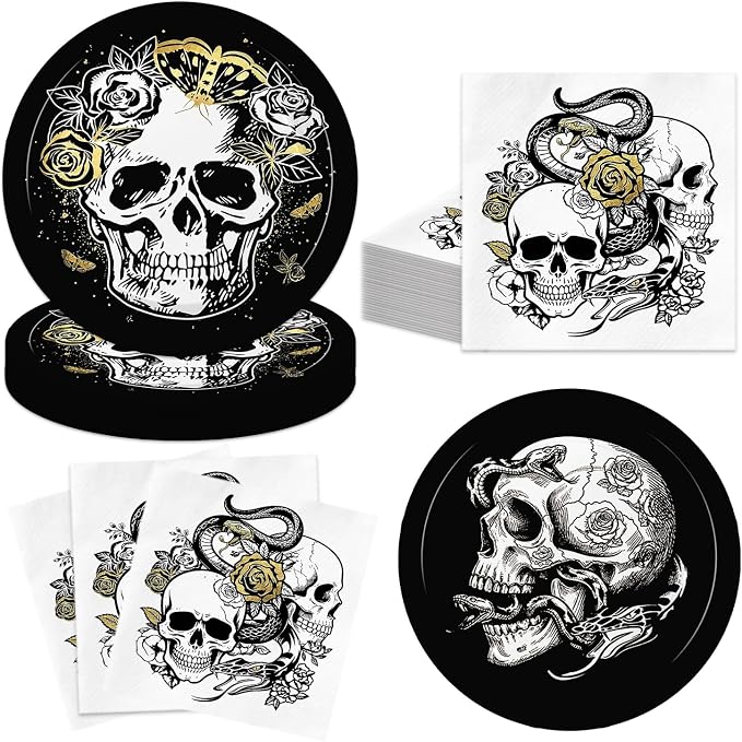40Pcs Black Skull Day of The Dead Birthday Party Plates and Napkins for 20 Guests Tableware Halloween Dia De Los Muertos Celebrations Supplies for Kids Birthday Party Decorations - skull plate