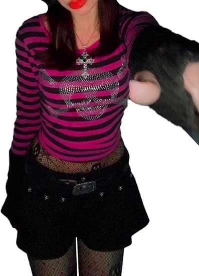 Women Stripe Long Sleeve T-Shirt Halloween Skull Rhinestone Print Crop Tops - skull tshirt