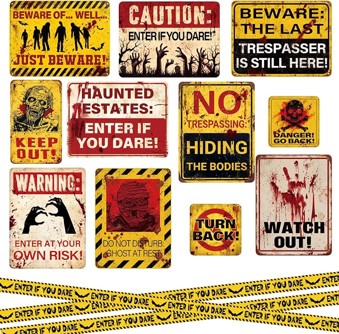 Funrous 11 Pcs Halloween Warning Signs Decors Horror Signs Caution Tape - skull sticker