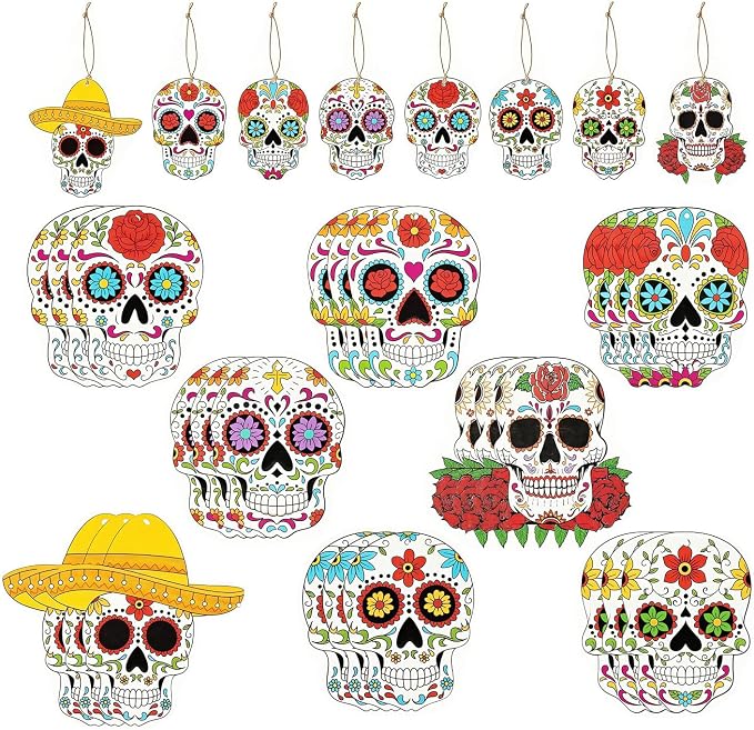 Day of the Dead Decorations, 24pcs Sugar Skull Hanging Ornaments - skull wreath