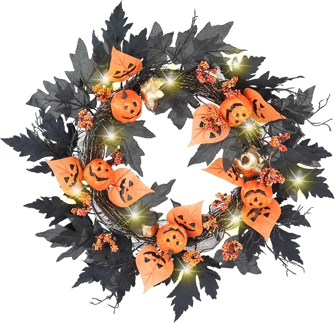 19 Inch Halloween Wreath with Warm White Lights, Pumpkin, Maple Leaves, Berries and Black Branches, Halloween Front Door Wreath for Indoor Outdoor Home Porch Decor - skull wreath