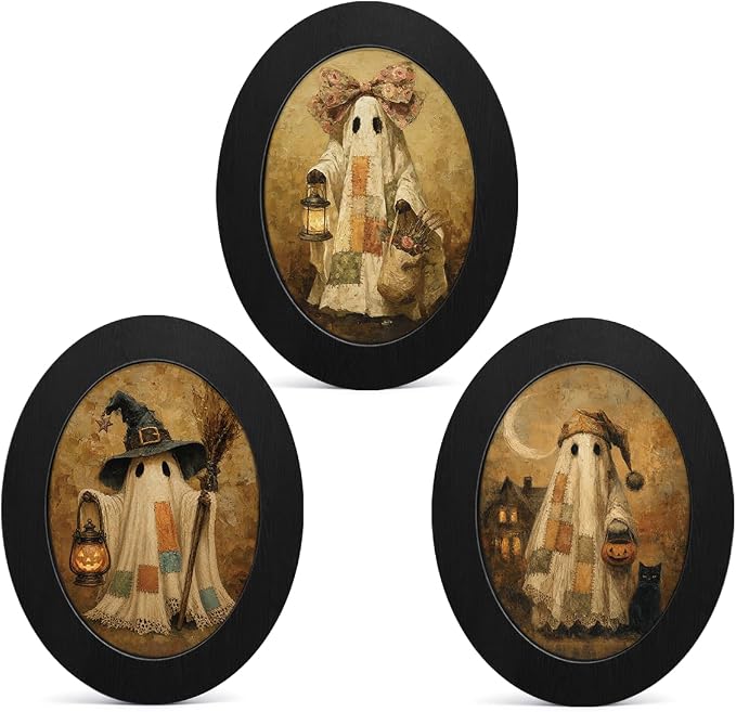 3Pcs Vintage Ghost Halloween Wall Art Framed Spooky Ghosts Oval Wall Decor - skull wall art