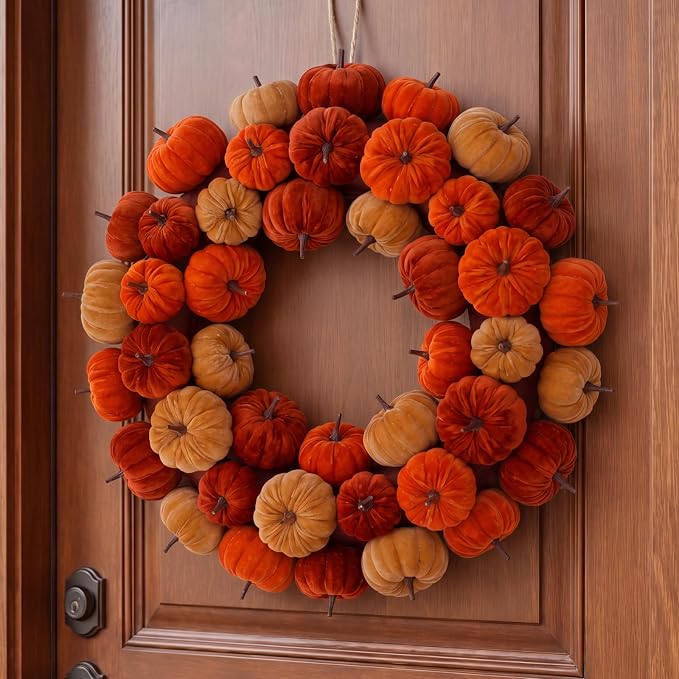 16 Inch Halloween Velvet Pumpkin Wreath