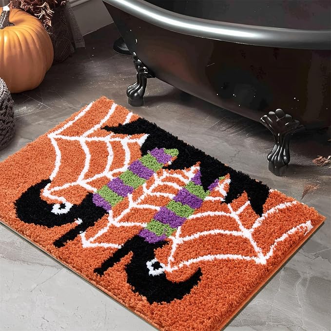 RoomTalks Vintage Witchy Halloween Indoor Doormat 2x3 Small Entryway Rug Washable, Cute Spooky Season Witch Shoes Spider Web Tufted Halloween Throw Carpet Area Rugs for Bathroom Kitchen Bedroom - skull carpet