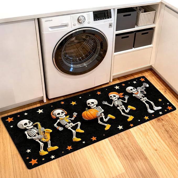 ANNA QUEEN Halloween Skull Dance Laundry Room Rug 20x47 Inch Non-Slip Bathroom Halloween Runner Floor Mat Washable Kitchen Runner for Front Load Washer Dryer, Machine Washable Kitchen Bathroom Decor - skull toilet rug