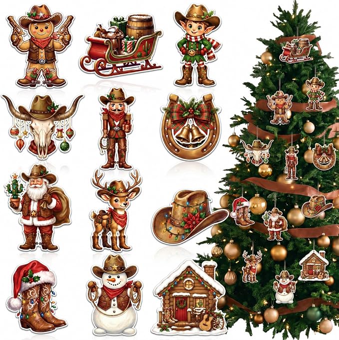 Kathfly 24 Pcs Western Christmas Ornaments Cowboy Wooden Tree Decorations - skull wreath