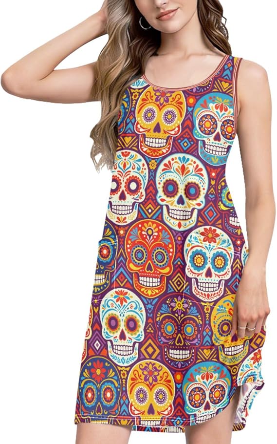 Summer Dress for Women Casual Sleeveless Jumper Dress with Pockets - sugar skull dress