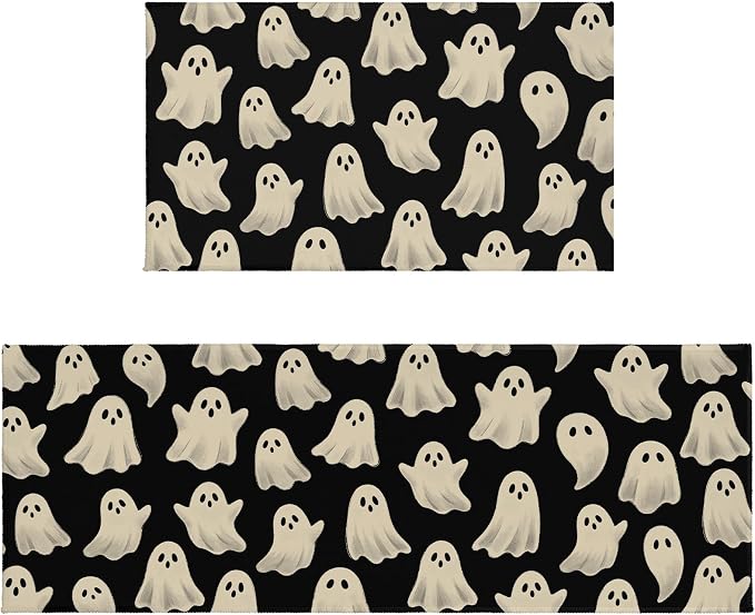 Halloween Kitchen Mats for Floor Set of 2, Black Spooky Ghost Holiday Kitchen Rugs, Non Slip Washable Low-Profile Absorbent Runner Rugs,17x30 and 17x47 Inch - skull floor mat