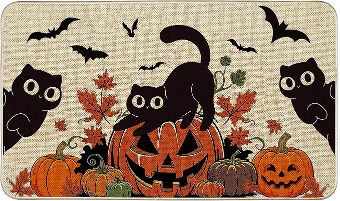 Halloween Cats Doormat Lantern Pumpkin Decorative Low Profile Rug