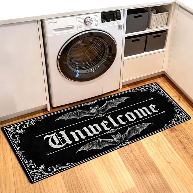 ANNA QUEEN Halloween Unwelcome Laundry Room Rug 20x47 Inch Non-Slip Bathroom Halloween Runner Floor Mat Washable Kitchen Runner for Front Load Washer Dryer, Machine Washable Kitchen Bathroom Decor - skull carpet