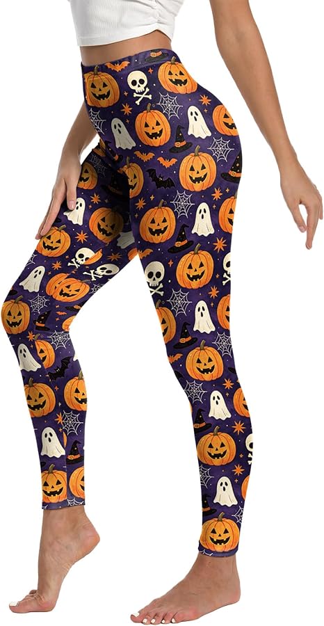 Women Halloween Leggings Pumpkin Skulls Printed Soft Stretchy Tights - skull leggings