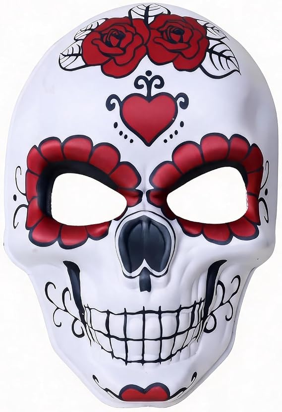 Dia de los Muertos Sugar Skull Mask for Adults - Day of The Dead Face Cover with Red Roses & Hearts, Halloween Costume Accessory for Cosplay Party, Home Wall Decor - sugar skull costume