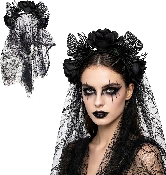Flower Headpiece Floral Crown with Lace Veil,Rose Butterfly Headband for Women Halloween Day of the Dead Cosplay - skull headband