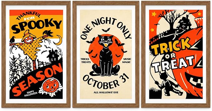 3Pcs Framed Vintage Black Cat Trick or Treat Halloween Wall Art 8x10inch