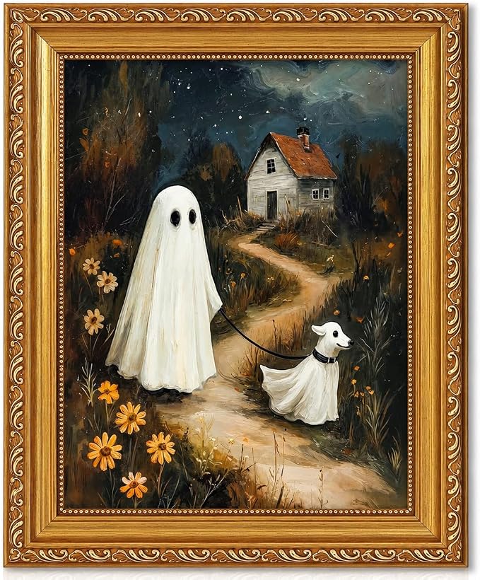 Vintage Gold Framed Rustic Cute Ghosts Dog Halloween Wall Art 9x11 Inch - skull painting