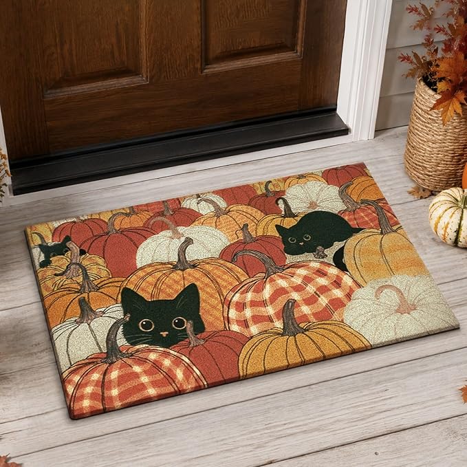 Fall Door Mat Outdoor, Black Cat Coir Doormat for Front Door