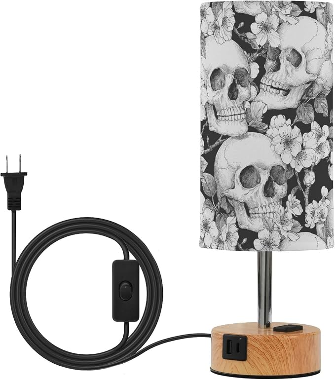 Dimmable Black and White Floral Skull Table Lamp with 2 USB Charging Ports & AC Outlet, Touch Lamps for Nightstand Bedside Small Lamp Night Stand Side Light for Bedroom/Desk, 14 in