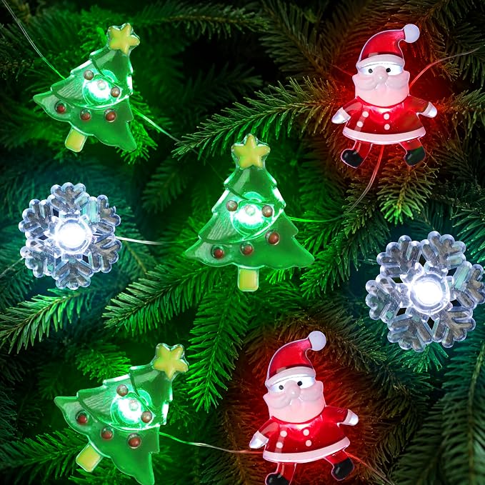 [Timer] Christmas Lights Decorations, 10 FT 30 LED Battery Operated Christmas Tree Santa Snowflake String Lights, 2 Modes Waterproof Xmas Fairy Lights for Home Party Indoor Outdoor Decor - string light
