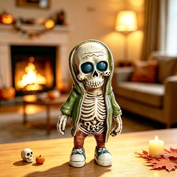 Halloween Decor Skeleton with Green Coat, Skull Figurine Decorative Gothic - skull figurine