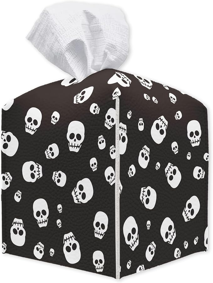 Halloween Skull Tissue Box Cover, 5 Inch Square Leather Tissue Holder, Decorative Tissue Box Organizer for Bathroom Office Desk, Halloween Party Table Fall Home Decor, Ideal Housewarming Gift- A01 - skull toilet paper