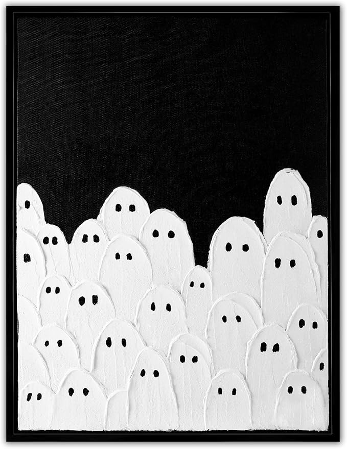 Framed Halloween Wall Art 3D Impasto Textured Ghost Canvas Wall Art Decor - skull wall art