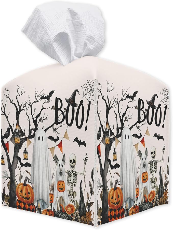 Halloween Boo Tissue Box Cover, 5 Inch Square Leather Tissue Holder, Decorative Tissue Box Organizer for Bathroom Office Desk, Halloween Party Table Fall Home Decor, Ideal Housewarming Gift- A06 - skull toilet paper