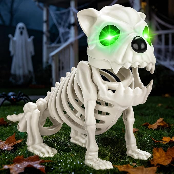 Skeleton Dog Halloween Decoration, Glowing Eyes Dog Skeleton Poseable Head - skeleton