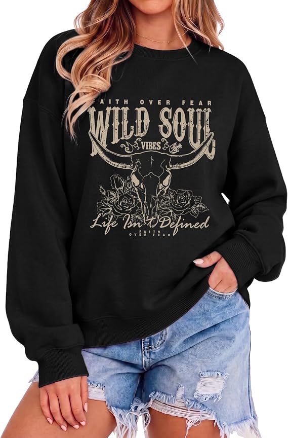Western Cowgirl Sweatshirts for Women Cowboys Rodeo Sweatshirt Graphic Country Hoodies Wild Soul Pullover - skull hoodie