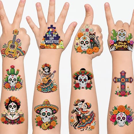 184 Pcs Day of the Dead Tattoos Dia De Los Muertos Body Stickers - skull sticker