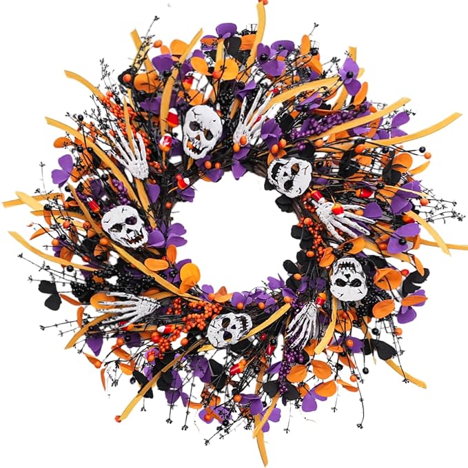 Halloween Wreath, 26 In Halloween Wreaths for Front Door, Large Black Spooky Gothic Halloween Door Wreath with Skull & Skeleton Hand, Orange Purple Berry Fall Wreath for Porch Wall Home Decor - skull wreath