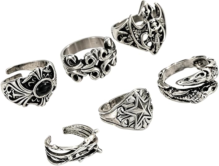Antique Silver Gothic Skull 5-Piece Ring Set for Men Punk Rock Black Stone Star Statement Fashion Jewelry Gift - skull ring